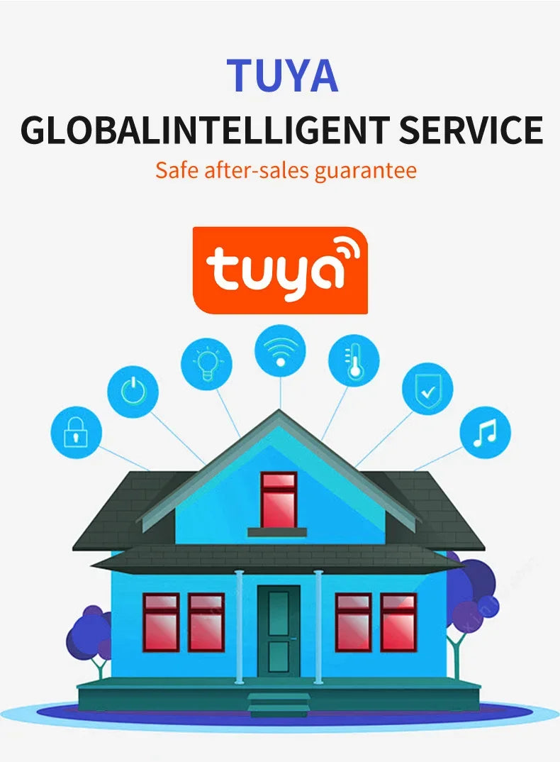 Blue and black house icon representing smart home connectivity, surrounded by functional icons like security and Wi-Fi.