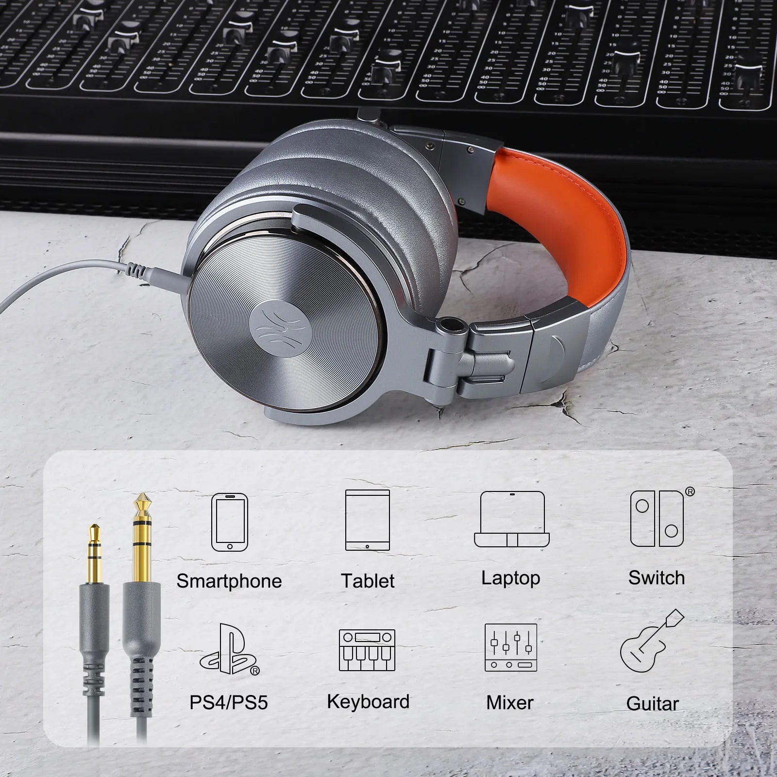 Grey wired over-ear headphones with a padded orange headband, shown with versatile audio jack connectors.