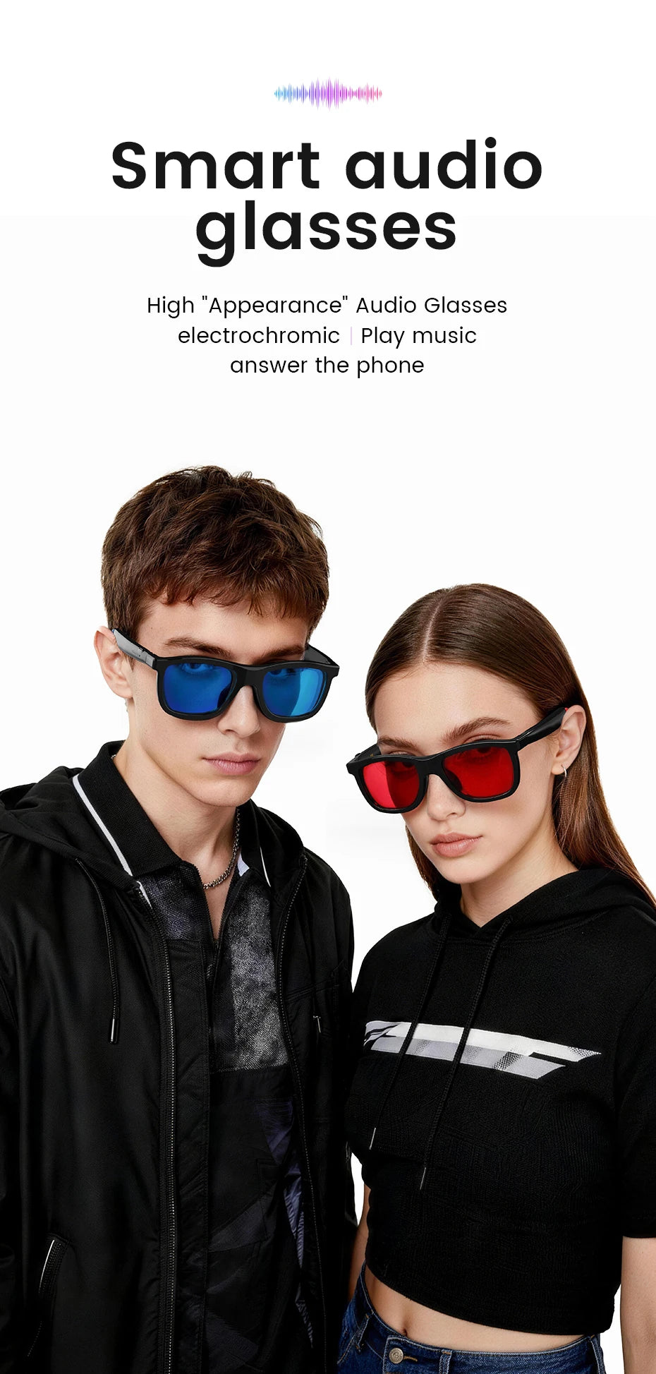 A man and woman wearing black-framed smart audio glasses with tinted blue and red lenses for music and calls.