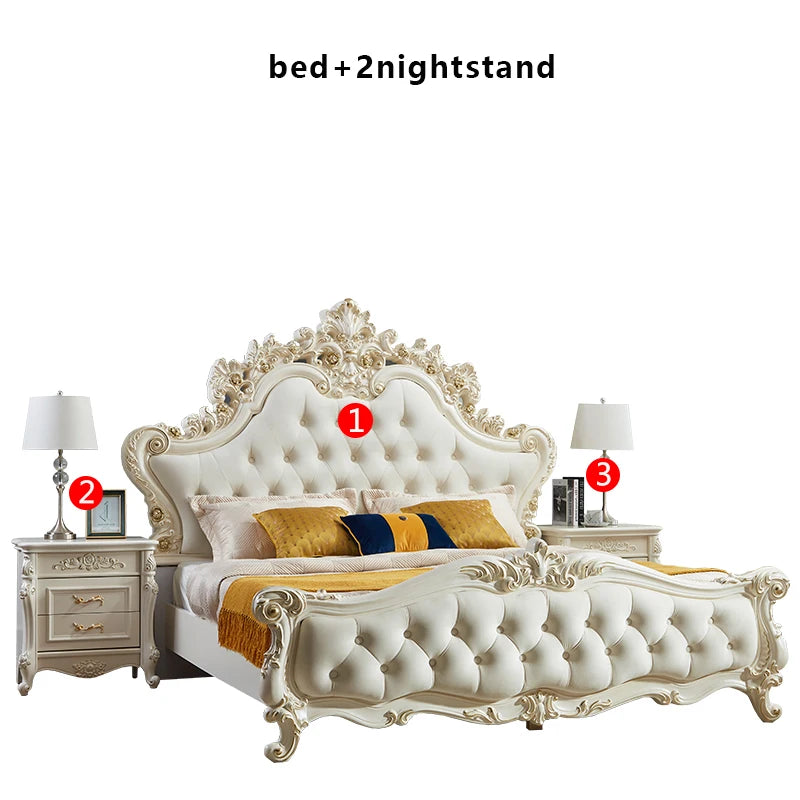 Luxury cream-coloured princess bed with a tufted headboard and matching nightstands featuring ornate gold detailing.