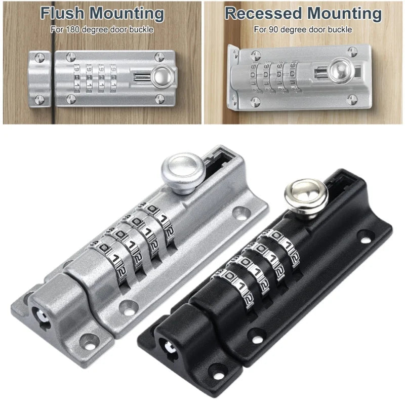 Silver and black metal sliding door bolt locks with a four-digit combination dial mechanism.