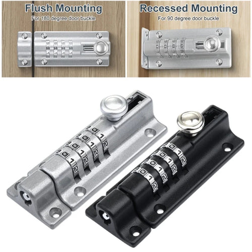 Silver and black metal sliding door bolt locks with a four-digit combination dial mechanism.