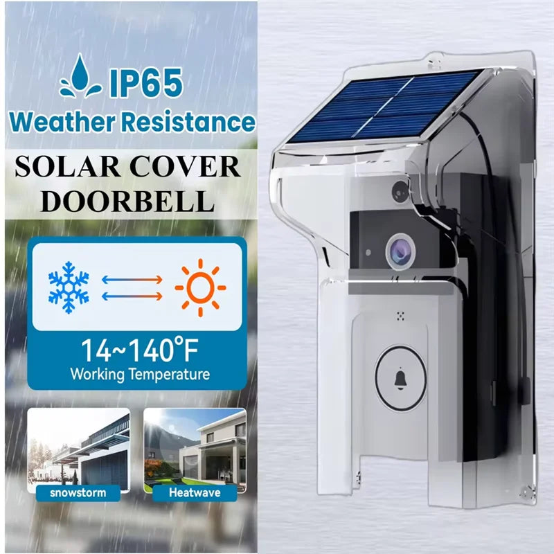 Wireless video doorbell in a clear protective housing with a top-mounted solar panel and weather-resistant design.