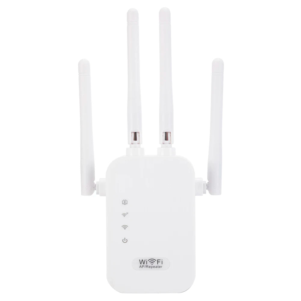 White 1200Mbps WiFi repeater with four external antennas and LED status indicators on a slim, modern base.