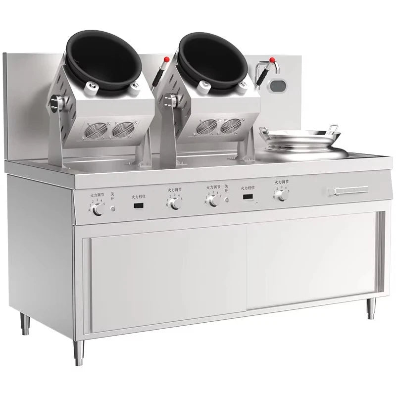 A commercial stainless steel stove features two tilting black woks and a flat-bottomed wok.