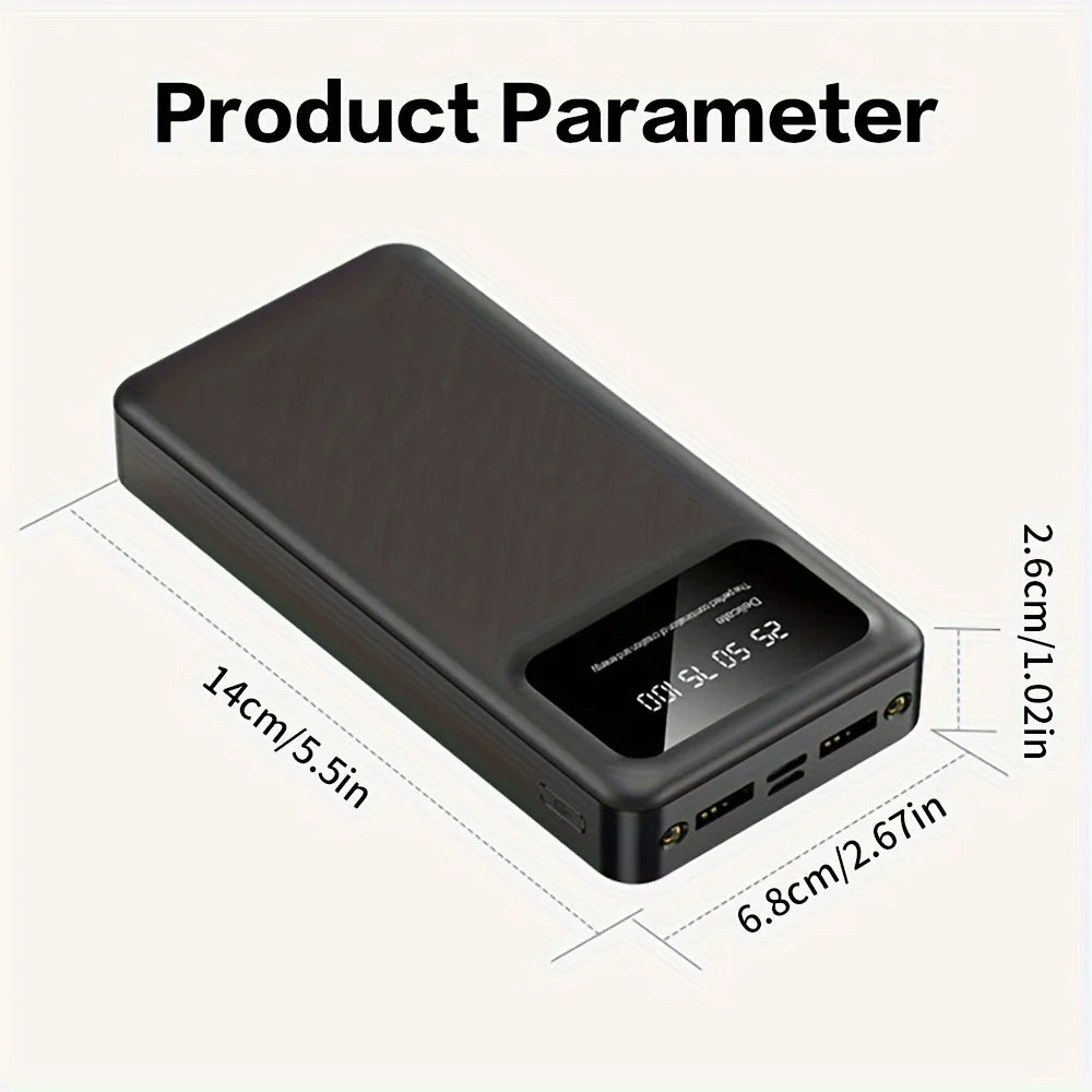 Sleek black 50000mAh portable power bank with LED digital percentage display, showing dimensions for scale.