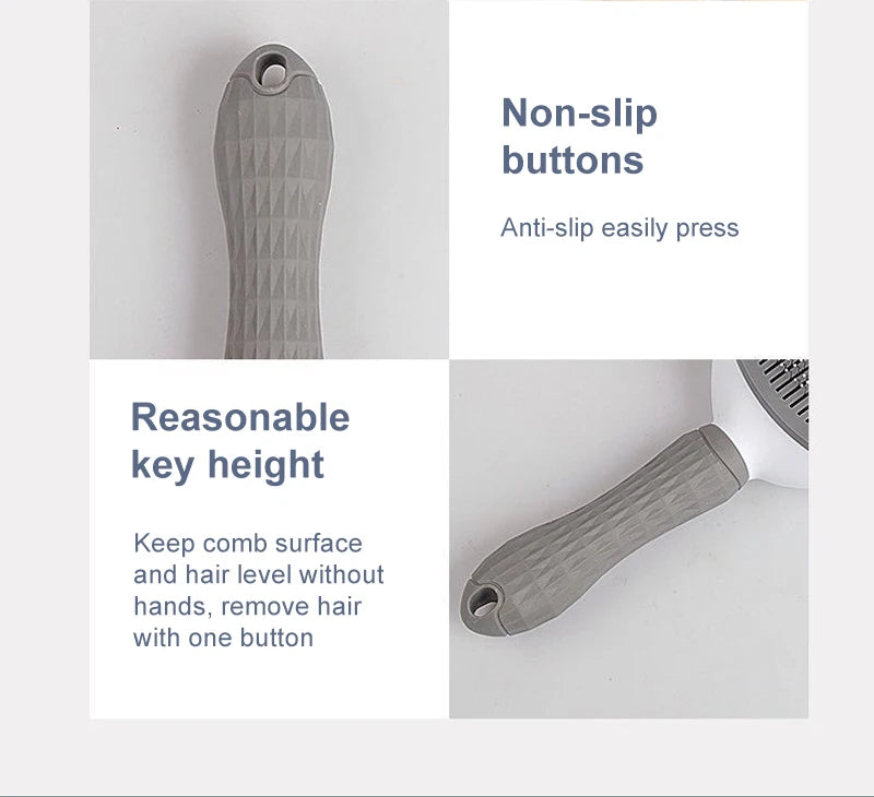 Close-up of a grey, textured non-slip pet grooming brush handle with a convenient one-button hair removal feature.