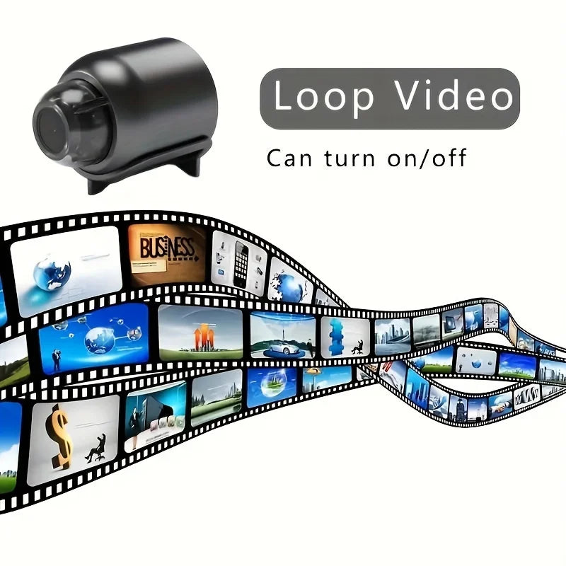 Small black wireless security camera with night vision, showcasing loop recording functionality on a film strip background.