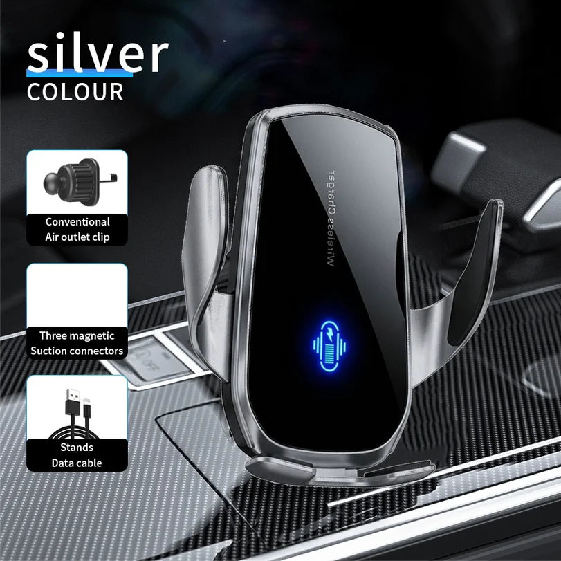 Silver car phone holder with automatic side clamps, central wireless charging icon, and air vent mounting hardware.