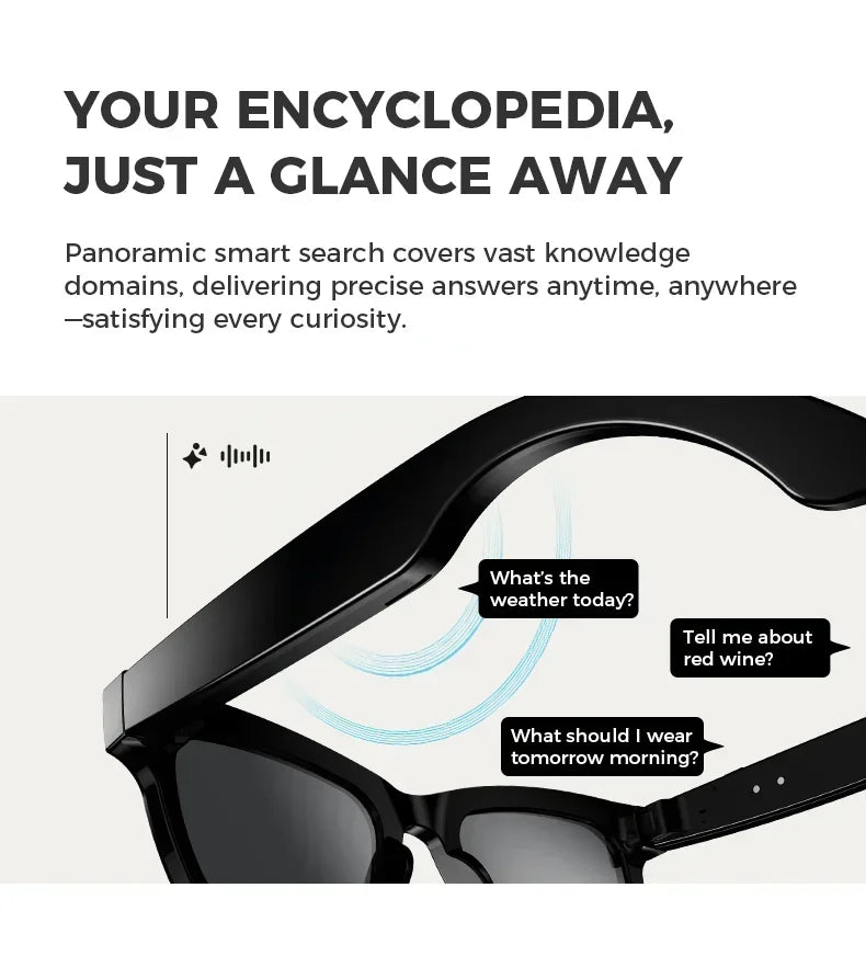 Sleek black smart glasses featuring an integrated camera and voice assistant capabilities.