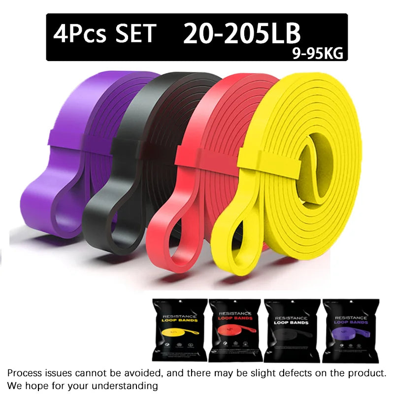 A set of four heavy-duty resistance bands in purple, black, red, and yellow, ranging from 9kg to 95kg resistance.