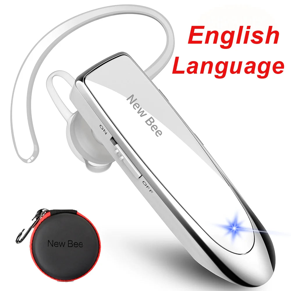Sleek silver wireless Bluetooth business headset with ear hook and carry case. Features an on/off switch and LED light.