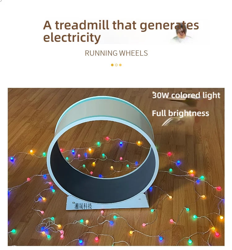 Light blue interactive pet exercise wheel on a wooden floor, surrounded by decorative multi-coloured fairy lights.