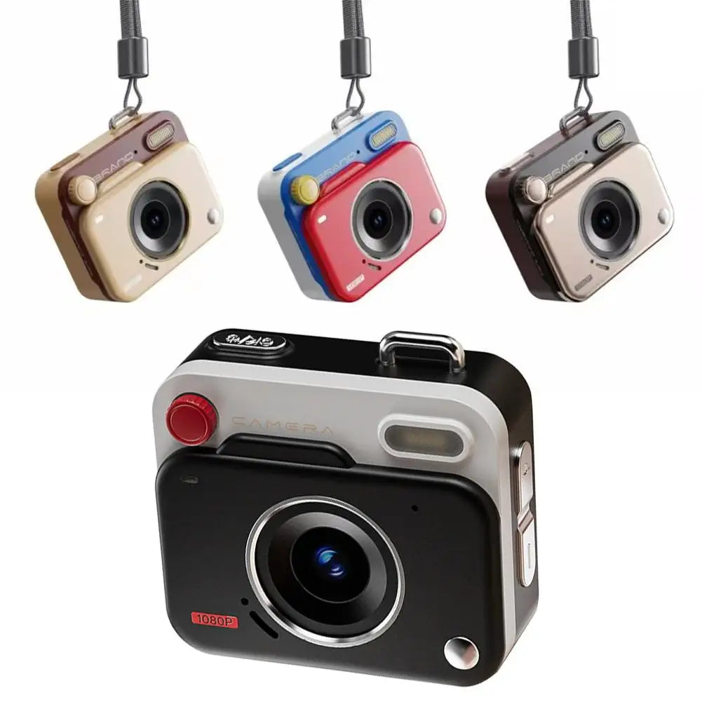 Small digital plastic 1080p cameras with lanyards, shown in four color combinations: beige, blue-red, brown, and black.