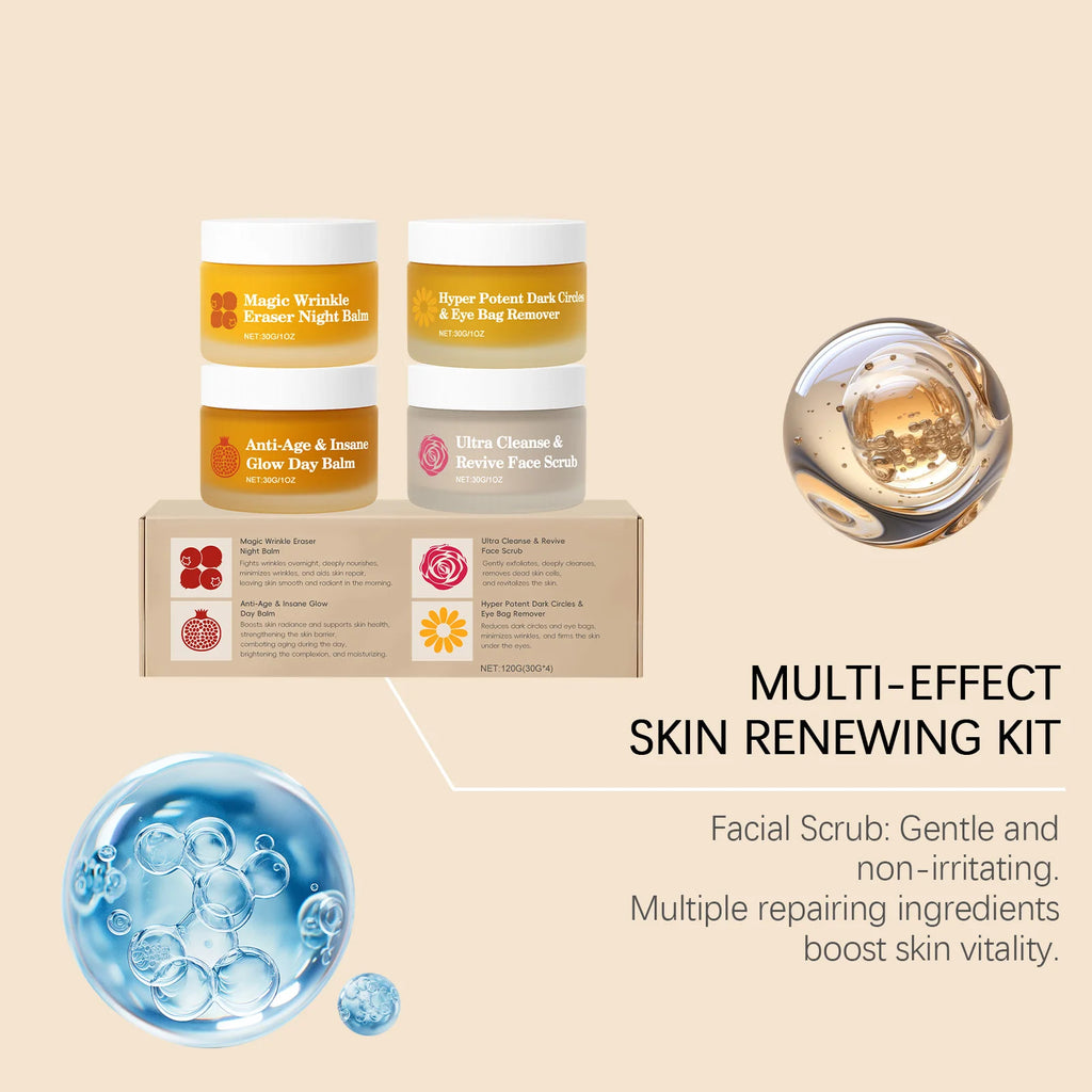Skincare kit featuring four 30g jars of night balm, day balm, eye cream, and face scrub in a branded display box.