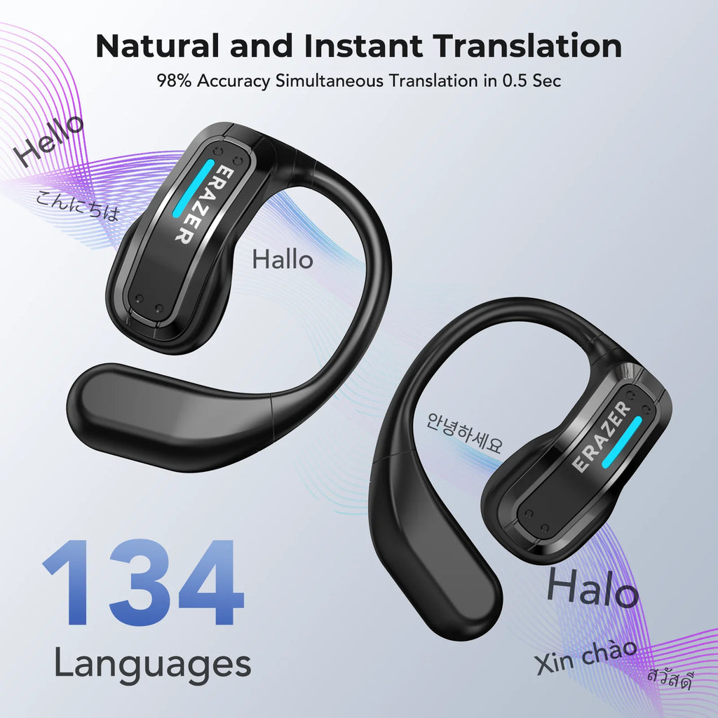 Black open-ear wireless translation earbuds with a sleek, ergonomic hook design on a light background.