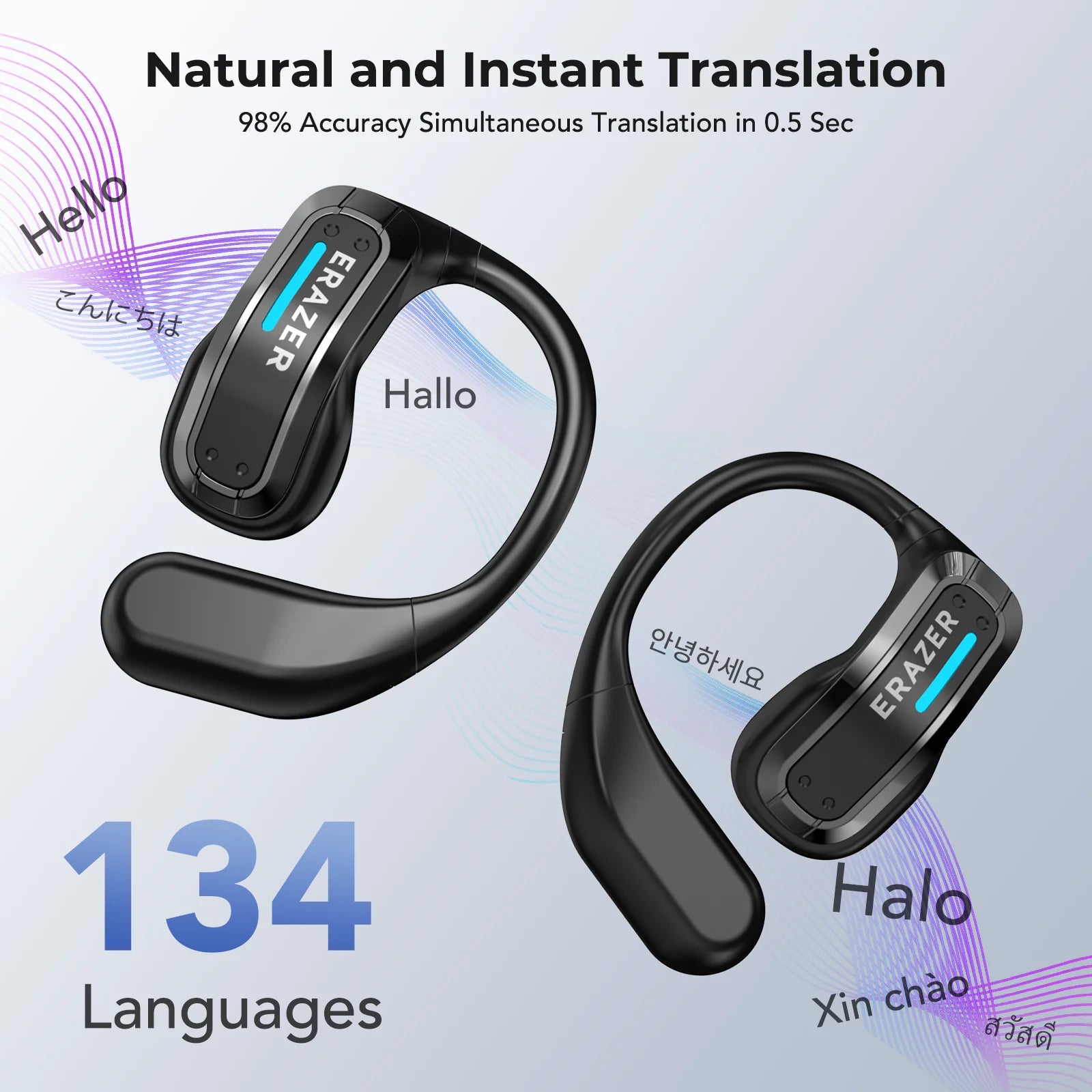 Black open-ear wireless translation earbuds with a sleek, ergonomic hook design on a light background.