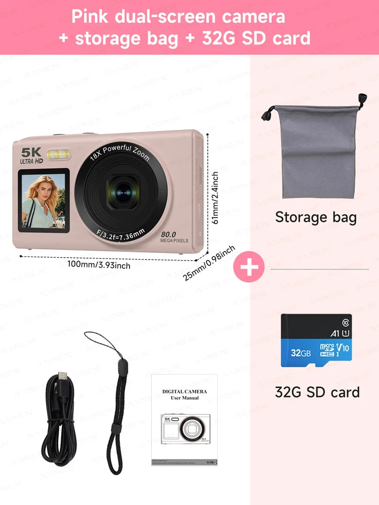 Pink dual-screen 5K digital camera with 18x zoom, 32GB SD card, gray storage bag, wrist strap, and charging cable.