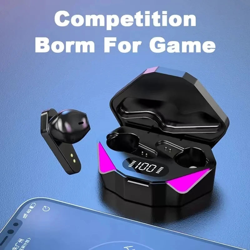 Black gaming wireless earbuds with a charging case featuring pink LED lights and a digital battery display.