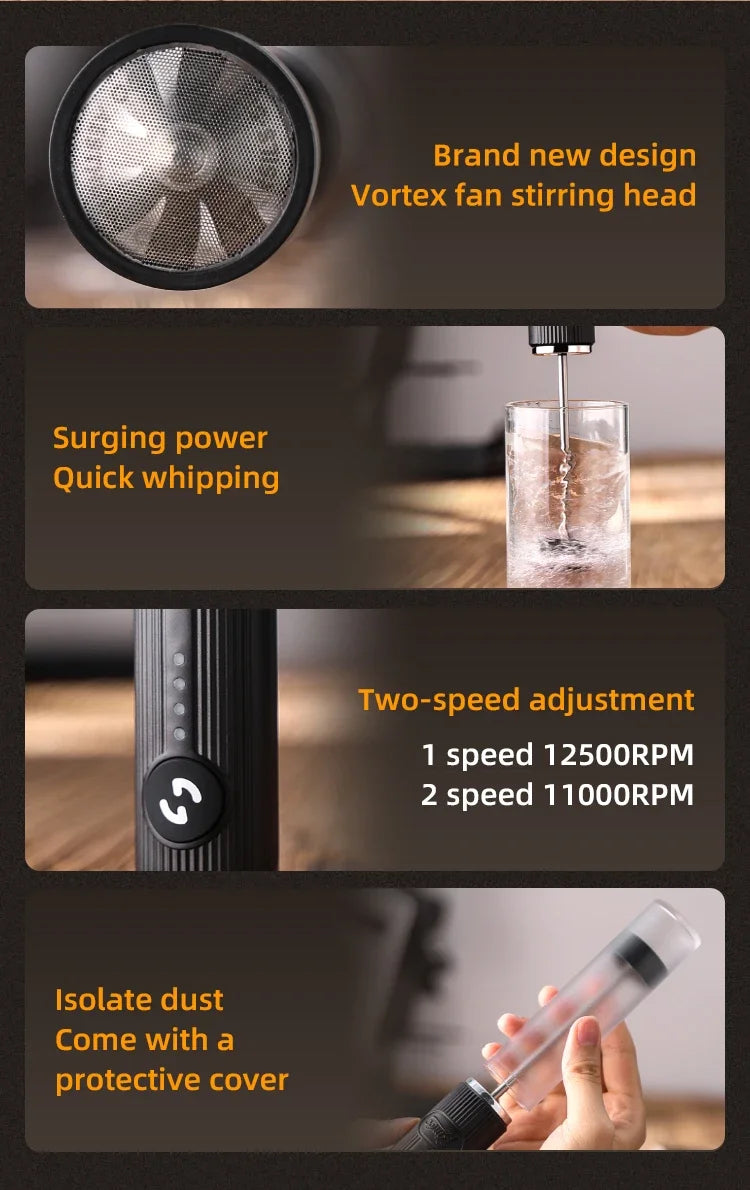 Black electric milk frother with a vortex stirring head, two-speed settings, and a protective cover.