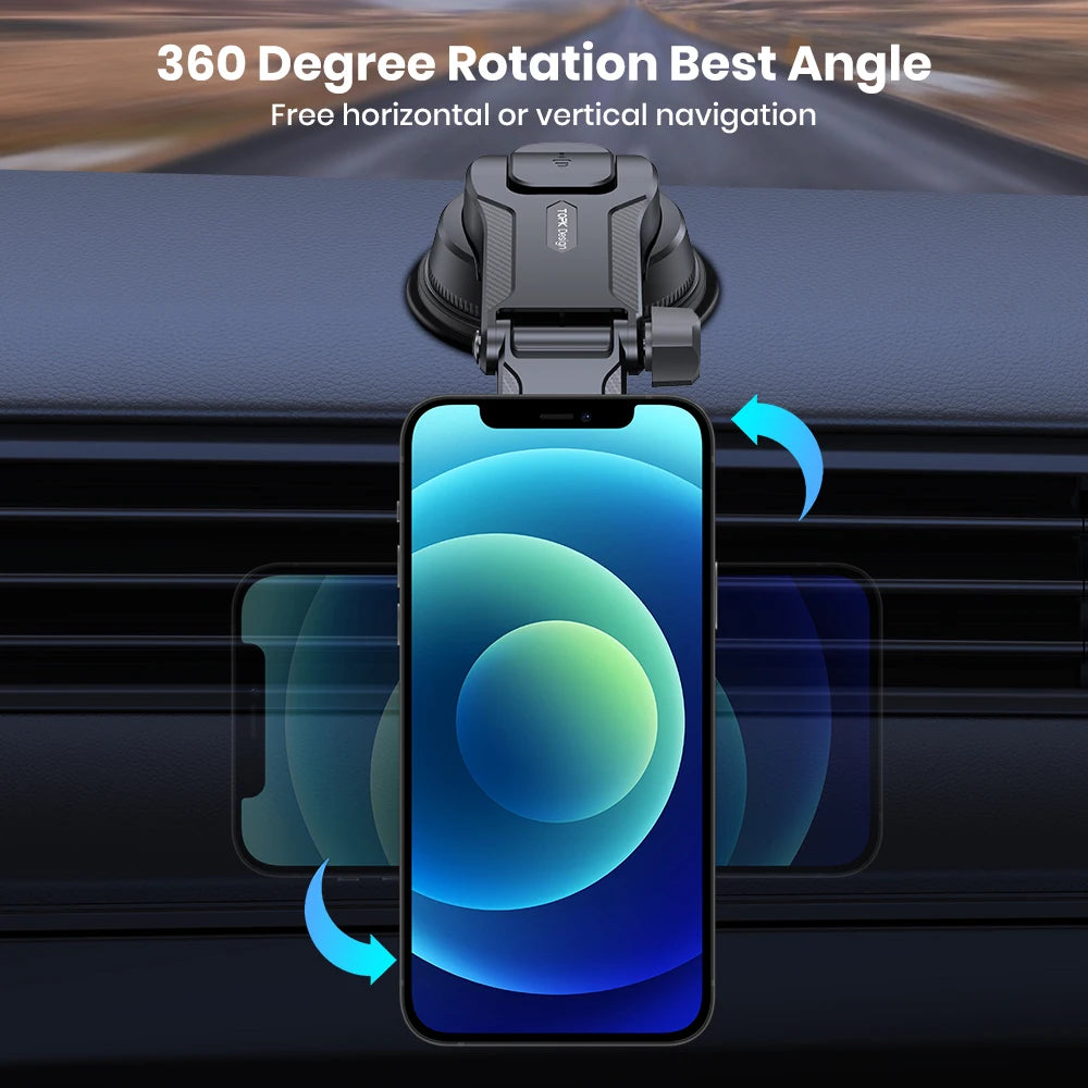 Black, rotatable car phone mount attached to a dashboard with a phone held in place, showing 360-degree rotation.