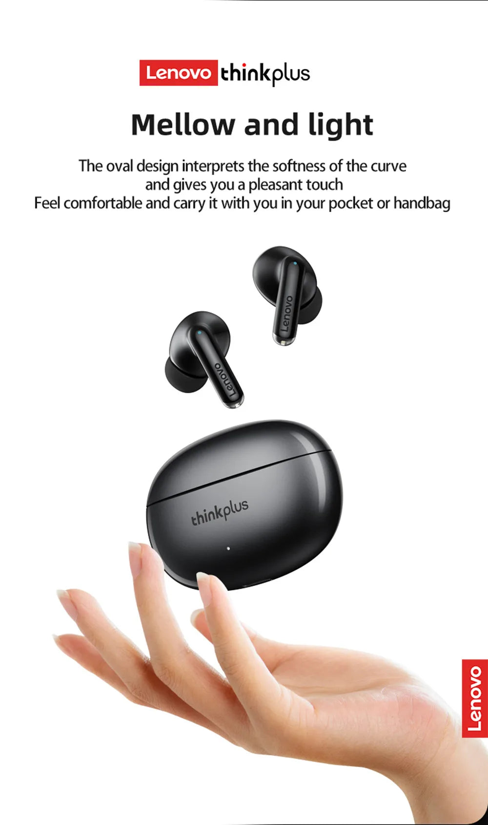 Black wireless earbuds and a compact, rounded charging case held above an open hand. Smooth, sleek design.