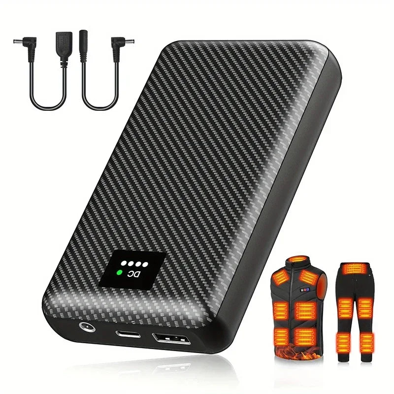 Black carbon-fibre effect 40000mAh power bank with charging cables, showing heated gilet and trousers icons.