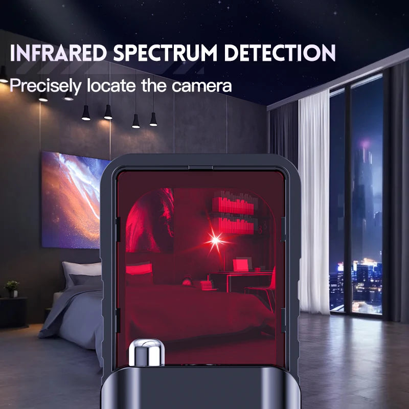 Black handheld privacy detector with a red infrared lens, showing a bedroom interior during hidden camera detection.