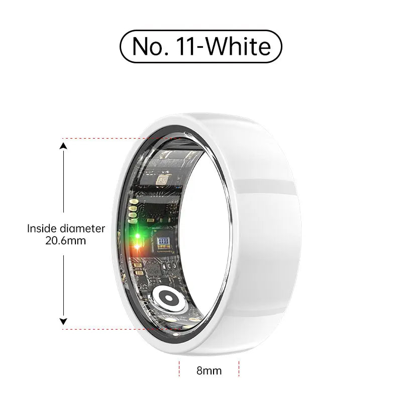 Glossy white smart fitness and sleep tracking ring, showing internal sensors and 20.6mm diameter.