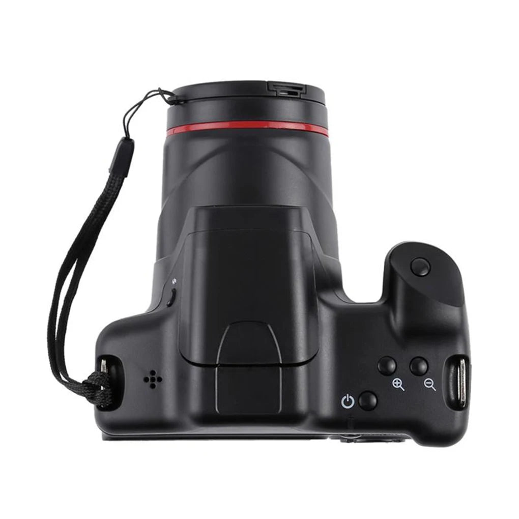 Top view of a matte black digital bridge camera with a red ring around the lens, wrist strap, and power button.