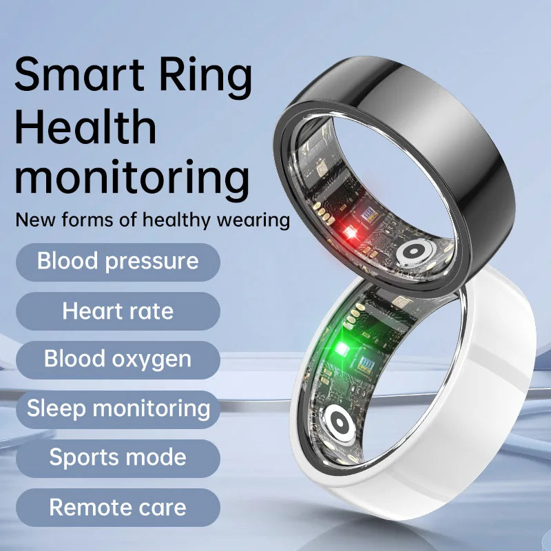 Sleek black and white smart fitness rings showing internal sensors for health, sleep, and activity tracking.