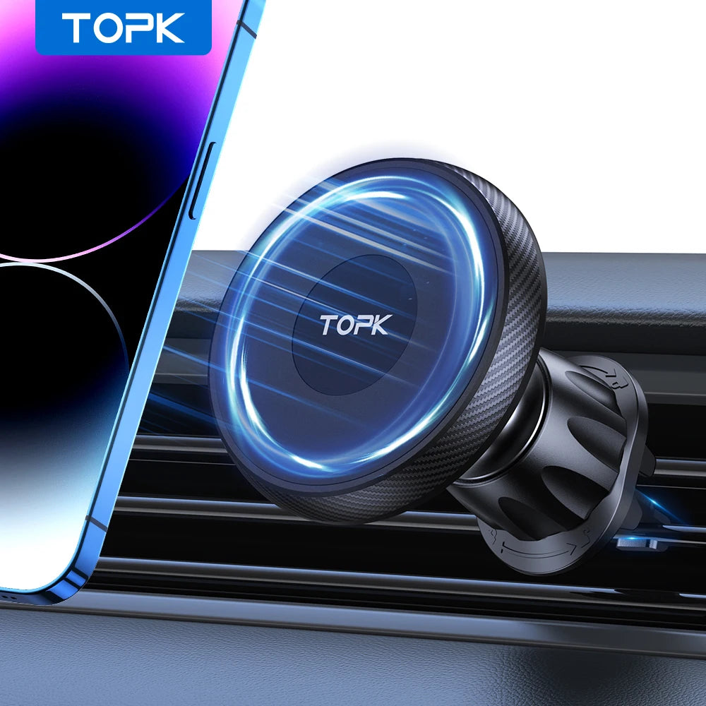 Black magnetic car phone mount with a textured circular head, mounted on an air vent with a blue glowing light effect.