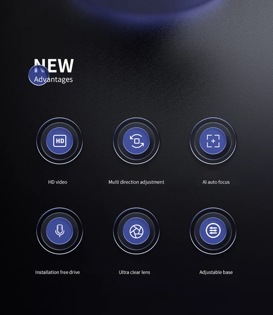 Dark blue infographic highlighting 4K webcam features: HD video, autofocus, adjustable base, and plug-and-play setup.