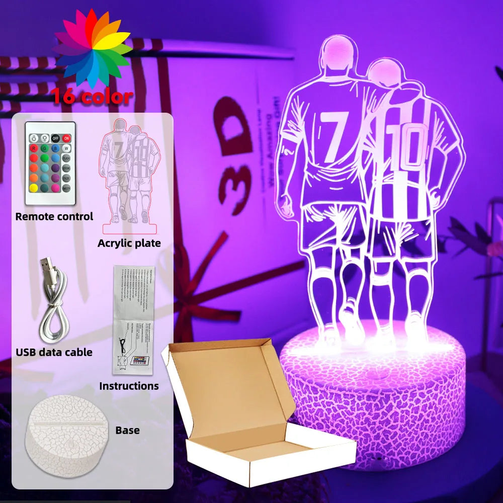 3D football player LED night light with 16 color options, remote control, and crackle-effect base. Includes accessories.