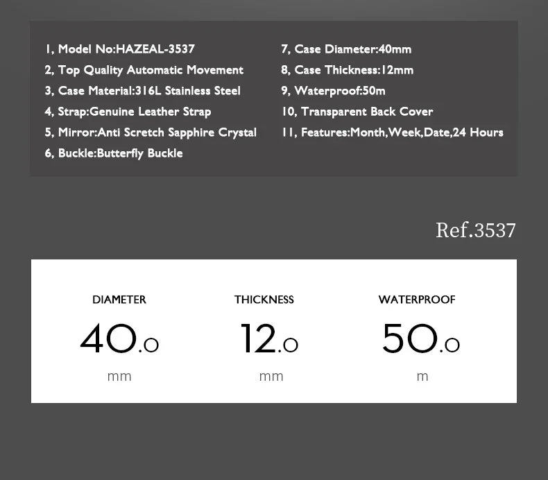 Product specifications for a mechanical men's watch: 40mm stainless steel case, leather strap, and 50m water resistance.