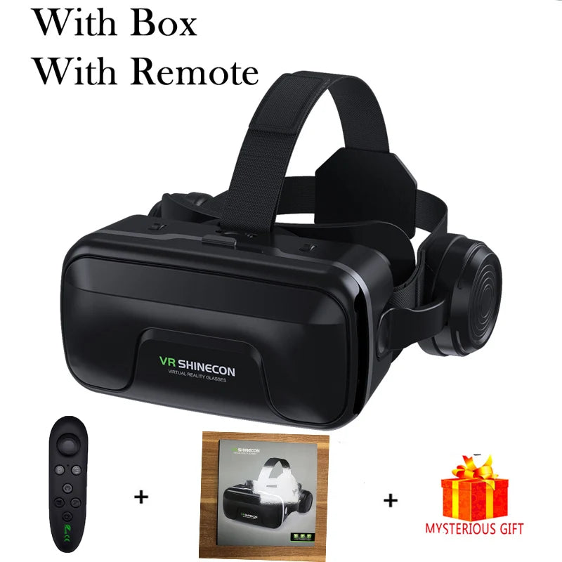 Black VR smartphone headset with adjustable head strap and integrated headphones, plus a remote and gift box.