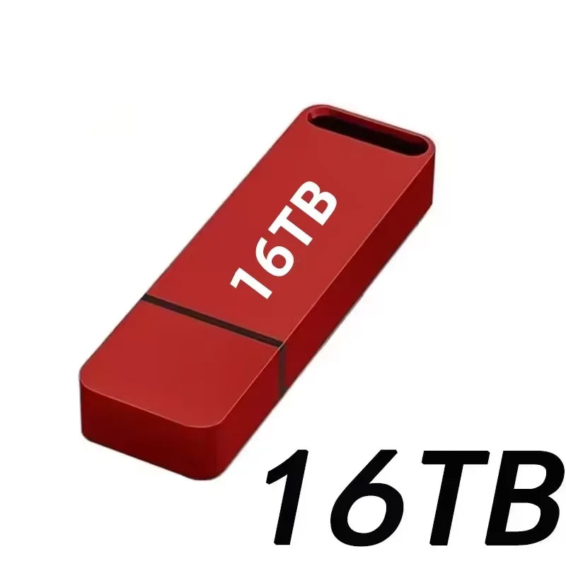 Compact red 16TB USB Type-C flash drive with a sleek, minimalist design and a built-in lanyard hole.