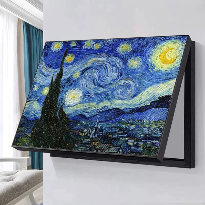 Hinged wall art meter box cover featuring Van Gogh's Starry Night, with a black frame and deep blue, swirling design.