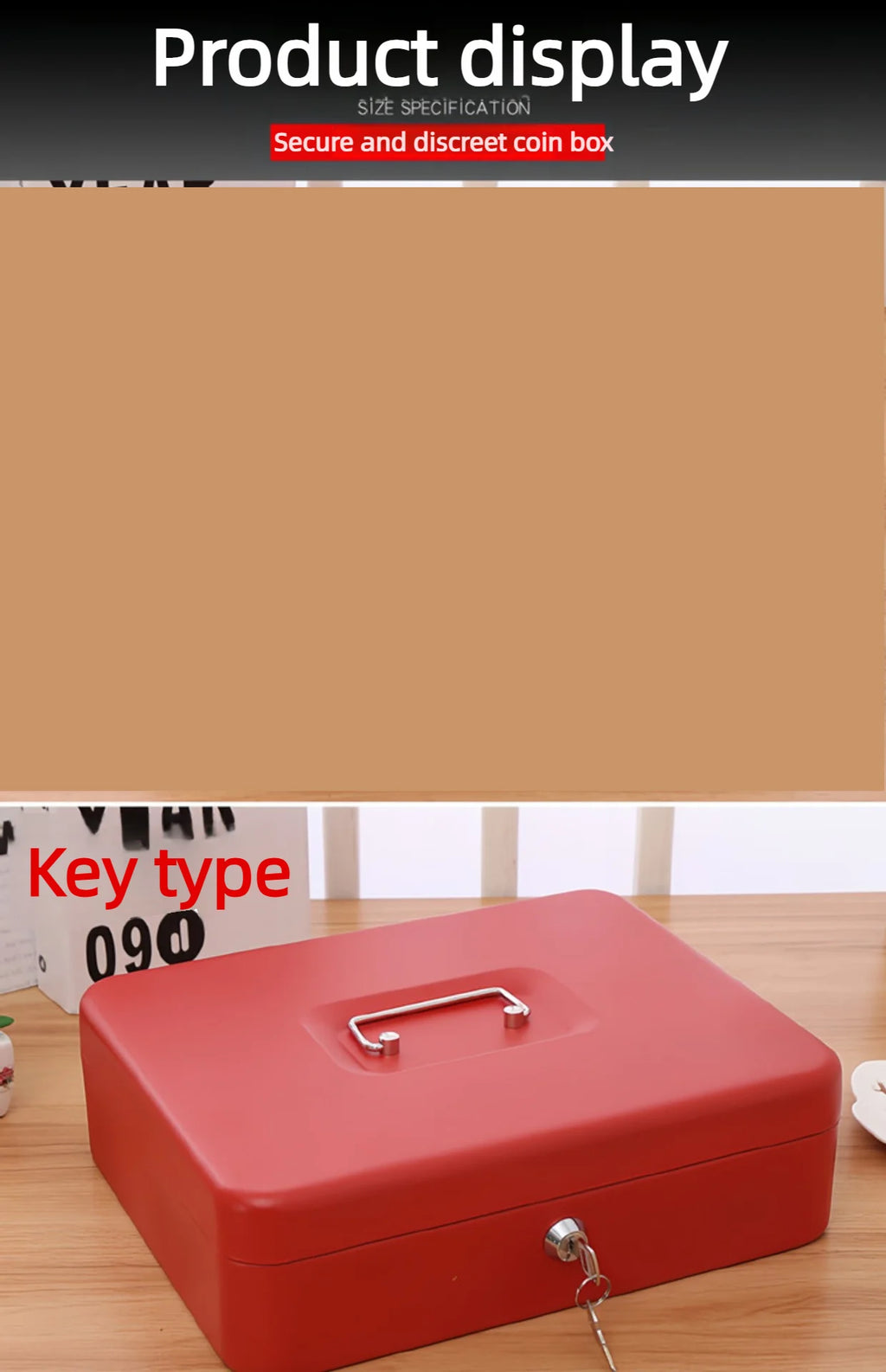 Red metal cash box with a folding handle and key-operated lock, sitting on a wooden surface.