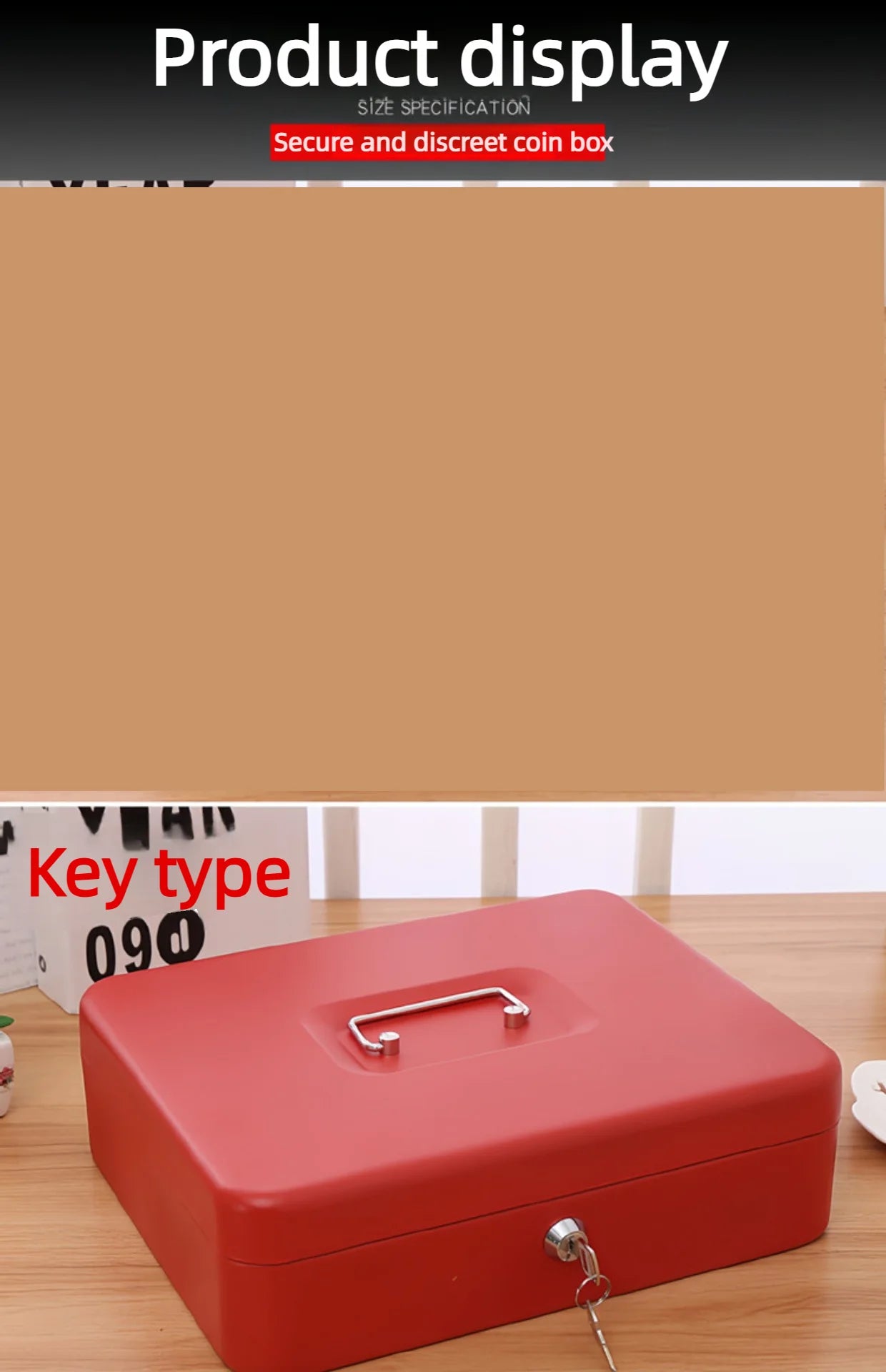 Red metal cash box with a folding handle and key-operated lock, sitting on a wooden surface.
