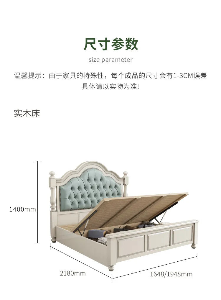 Cream-coloured wooden double bed with an arched, tufted sage green headboard and hydraulic lift storage base.