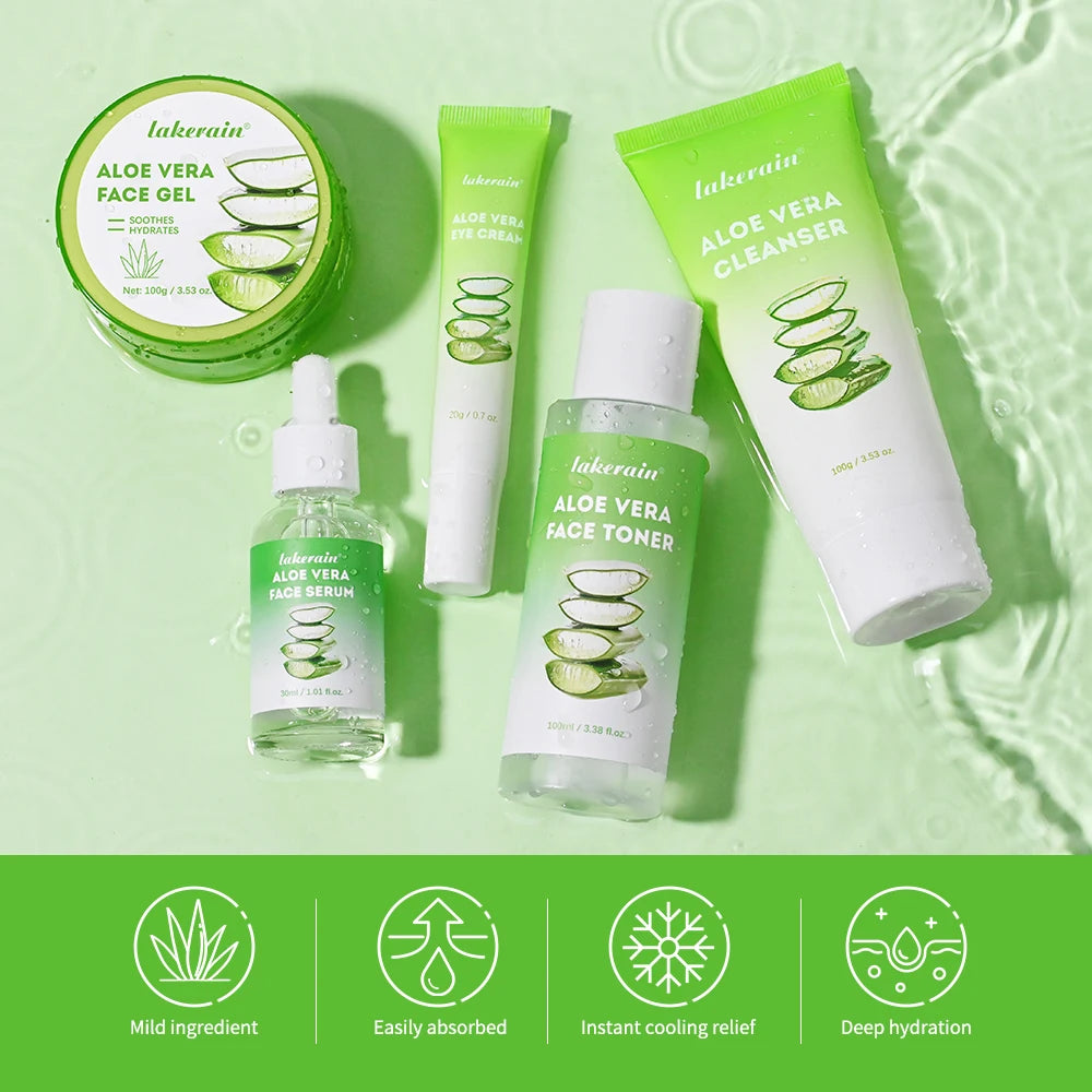 Set of five green aloe vera skincare products including cleanser, toner, serum, eye cream, and gel on a water surface.