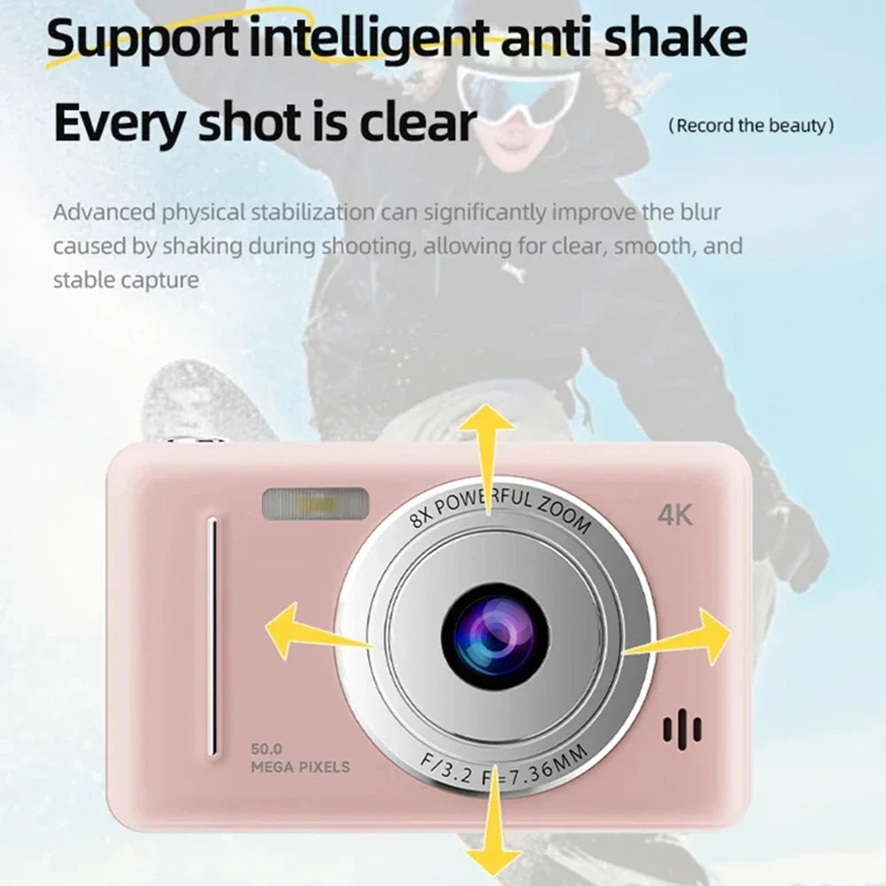 Pink compact digital camera with 8x zoom lens, 50MP sensor, and 4K video capability.