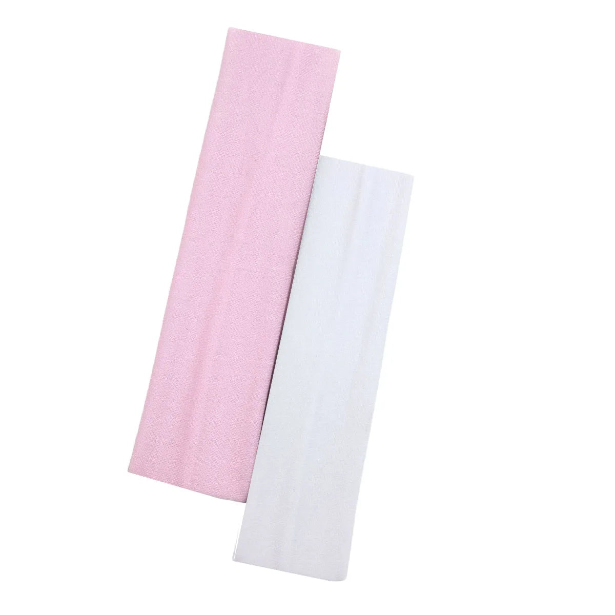 Two flat, fabric elasticated headbands, one in baby pink and one in white, on a plain white background.