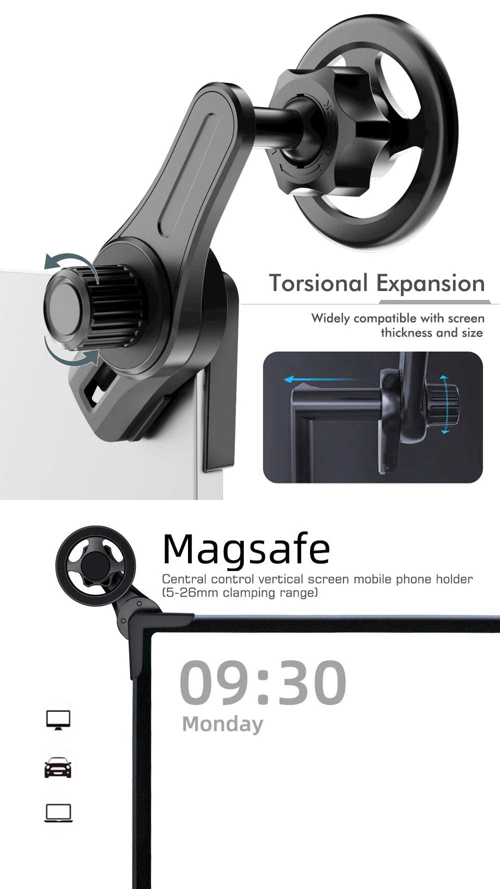 Black adjustable car phone holder designed to clamp onto vehicle central control screens with a rotatable mount.