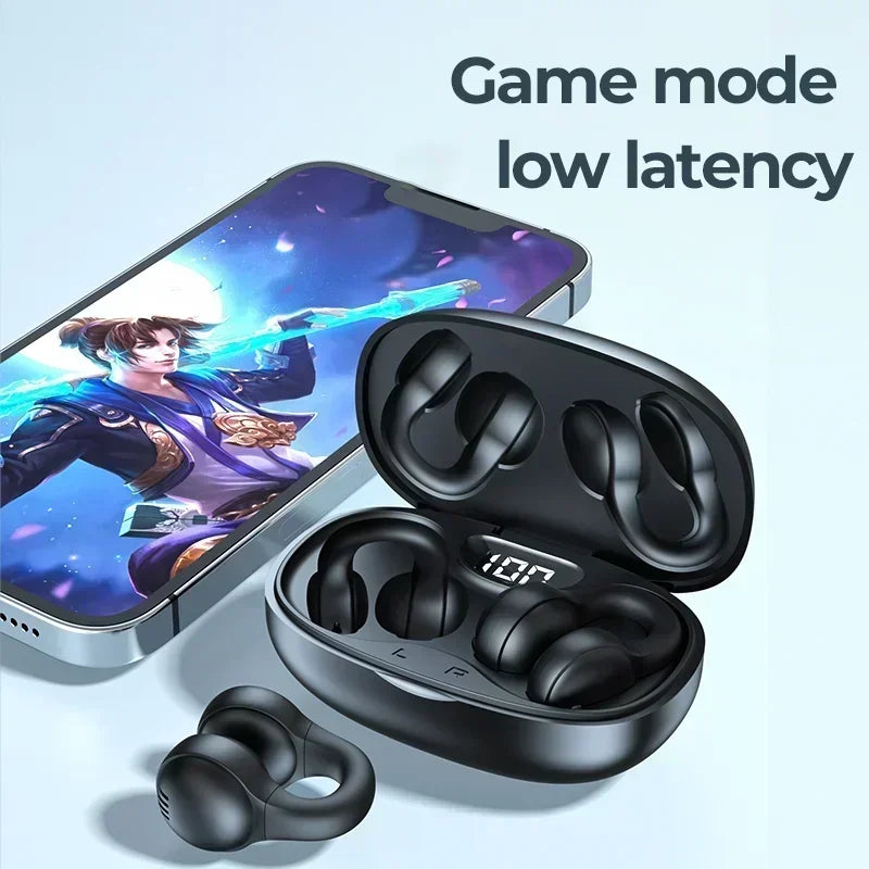 Black ear-clip wireless earbuds in a charging case with a digital display, shown next to a gaming smartphone.