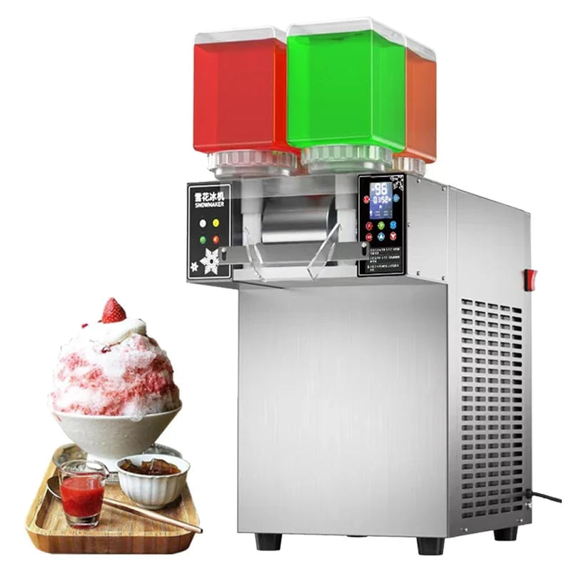 Stainless steel commercial snowflake ice maker with three colourful liquid dispensers and digital control panel.