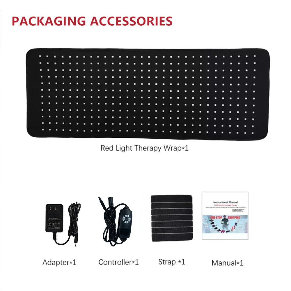 Red light therapy wrap with its accessories: adapter, controller, strap, and manual.