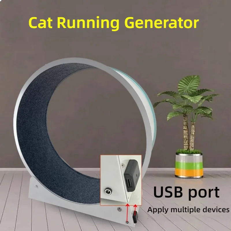Grey interactive cat exercise wheel with a dark grey running surface and an integrated USB charging port.