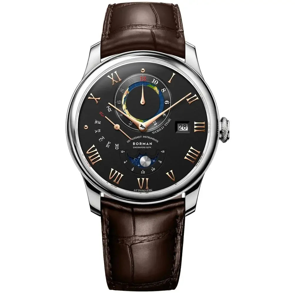 Men’s automatic mechanical watch with a black face, Roman numerals, moon phase display, and brown leather strap.